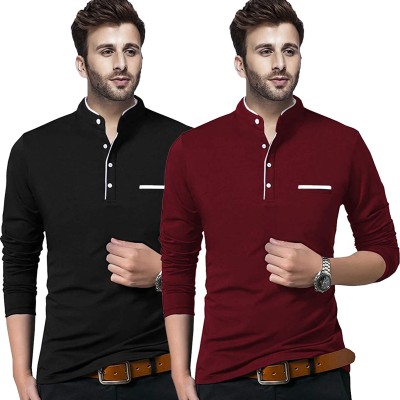 Behemoth Solid Men Mandarin Collar Maroon, Black T-Shirt