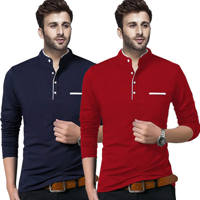 Jangoboy Solid Men Henley Neck Dark Blue, Red T-Shirt