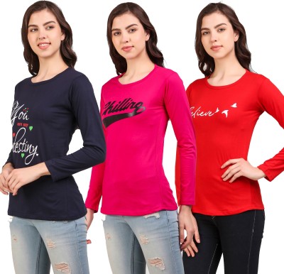 Fit N Fame Typography Women Round Neck Red, Blue, Pink T-Shirt