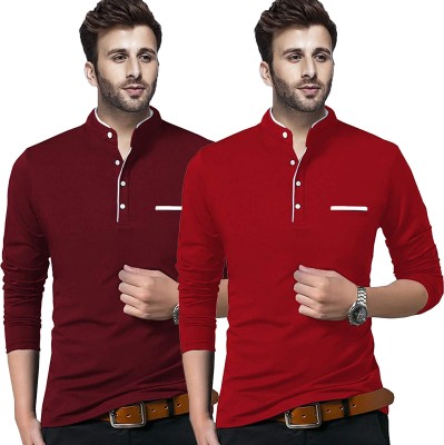 Jaskart Solid Men Mandarin Collar Red, Maroon T-Shirt