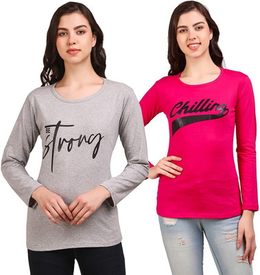 ANIXA Typography Women Round Neck Pink, Grey T-Shirt