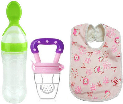 Manan Shopee Baby Food Feeder Baby Fruit Nibbler And Bib Feeder(Green-Pink)