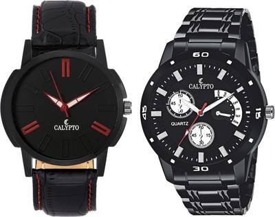 SYNTZ Combo of 2 Black Synthetic Leather + Stainless Steel Wrist watch for Boys Analog Watch  - For Men