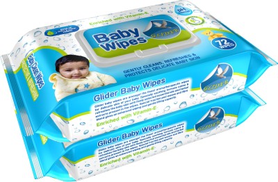 GLIDER Baby Wipes - with Moisture Lock Flip-Top , Contains Aloe Vera & Vitmain E , pH balanced with No Parabens & Chlorine - Pack of 2 , 144 Wipes(144 Wipes)