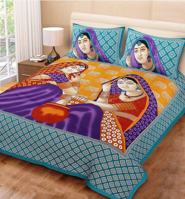 avtar Cotton Double Flat 144 TC Printed Bedsheet(Pack of 1, Yellow, Purple, Blue, White)
