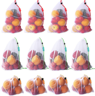 Ganapati Vegetable Bag for Refrigerator Fruit Net Bag for Fridge Reusable Washable Multipurpose Draw-string Storage Mesh Grocery Bag . Pack of 12 Grocery Bags(White)