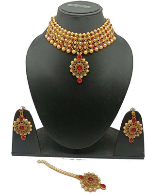 Vaishnavi collection Metal, Stone Gold-plated Red, Gold Jewellery Set(Pack of 1)