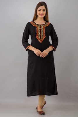 FASHION DEPTH Women Embroidered Straight Kurta(Black)