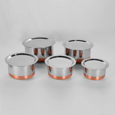 Strobine Set of 5 Stainless Steel Copper Bottom Silver Cooking Set Stainless Steel Gas Stove Friendly, Heavy 22 Gauge, Flat Bottom Container Set / Tope Set With Lids Size 10 To 14 Induction Bottom Cookware Set Tope Set / Patila Combo / Tapeli Set With Lid Dhakkan And Chhibba Big Size Serving Ware An