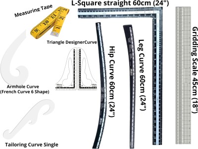 Upyukat Tailoring scales/ curves/ Fashion Designing Scale- Hard Plastic Scale- Set of 8- L-square straight, Hip curve, Leg curve, Gridding scale, Arm hole curve (French curve 6 shape), Tailoring single curve, Triangle Designer curve along with measuring tape Sewing Kit