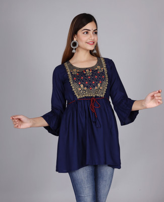 NIRALO Casual 3/4 Sleeve Embroidered Women Blue Top