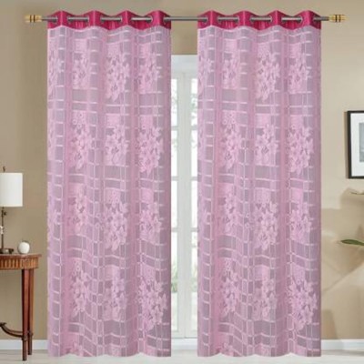 Lucacci 153 cm (5 ft) Net Semi Transparent Window Curtain (Pack Of 2)(Floral, Pink)