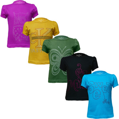 Naughty Little Girls Printed Pure Cotton Regular T Shirt(Light Blue, Pack of 5)