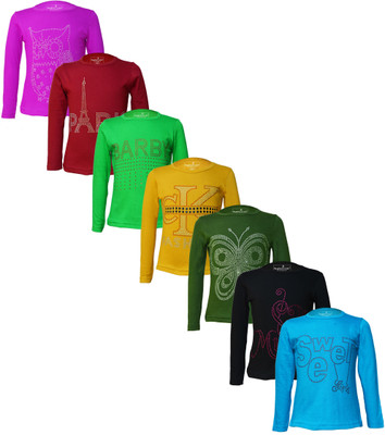 Naughty Little Girls Printed Pure Cotton Regular T Shirt(Light Blue, Pack of 7)