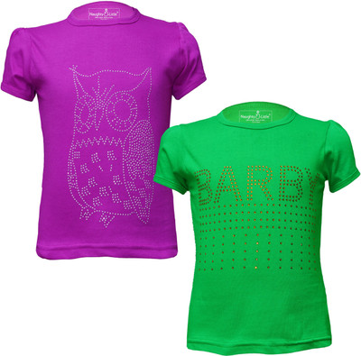 Just Live Fashion Girls Printed Pure Cotton Regular T Shirt(Green, Pack of 2)