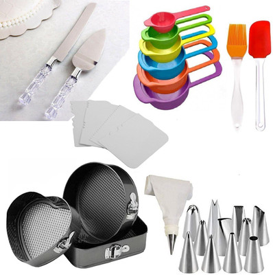 Unique Impex All In One Cake Making Tools Combo 6 in 1 - 3 Pc Cake Moulds + 6 Pcs Measuring Cups + Silicone Spatula and Brush Set + 4 Pcs Scraper + 12 Piece Cake Decorating Set Piping Bag + Stainless Steel Cake Knife and Server Set with Acrylic Handle (All Product Reusable & Washable) Kitchen Tool S