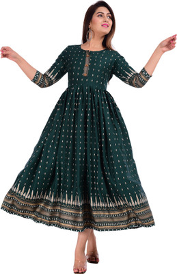 Rudrax Women Printed Flared Kurta(Green)