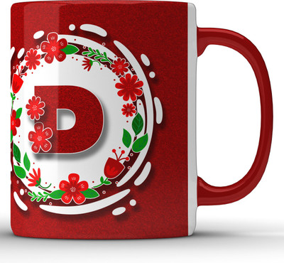 Unbounded Company Alphabet D Floral Pattern Red Ceramic Coffee Mug(325 ml)