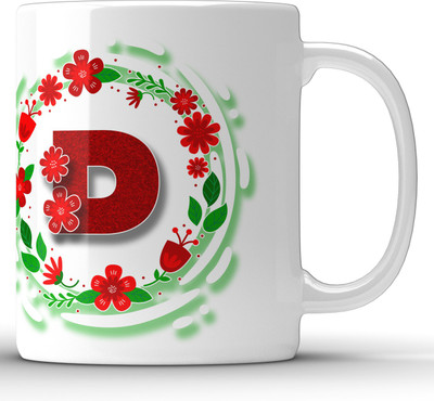 Unbounded Company Alphabet D Floral Pattern White Ceramic Coffee Mug(325 ml)