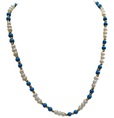 SURAT DIAMONDS Single Line Real Freshwater Pearl, Turquoise Beads & Gold Plated Beads Necklace for Women Pearl, Turquoise Gold-plated Plated Metal Necklace