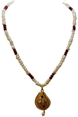 SURAT DIAMONDS Ethnic Real Ruby, Freshwater Pearl & Gold Plated Pendant Necklace for Women Pearl, Ruby Gold-plated Plated Metal Necklace