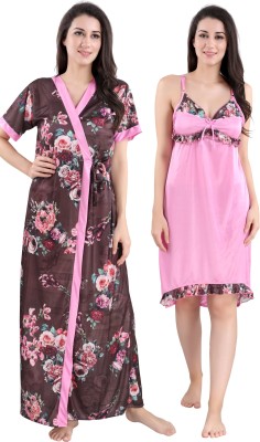 Style Dunes Women Nighty with Robe(Pink, Brown)