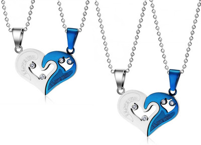 Utkarsh (Set Of 2 Pcs) Valentine's Day Special Metal Stainless Steel I Love You Diamond Nug Broken Heart Romantic Love Couple Blue And Silver 2 In 1 Beautiful Duo Locket Pendant Necklace With Chain For Boy's And Girl's Silver Metal Pendant Set
