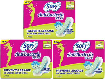 SOFY Antibacteria Extra Long Pads - (30+30+30 Count ) Sanitary Pad Sanitary Pad(Pack of 3)