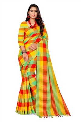 Cuts N Curves Checkered Bollywood Cotton Linen Saree(Yellow)