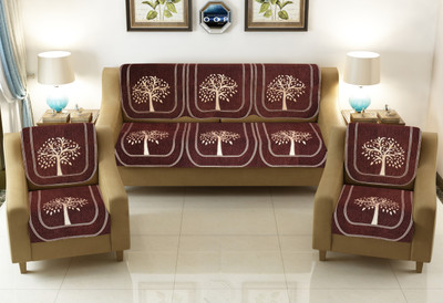 Multitex Chenille Floral 3+2 Seater Sofa Cover(Brown Pack of 6)