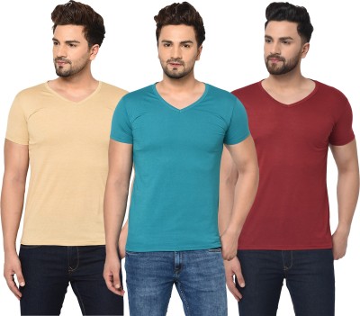 Bribzy Solid Men V Neck Light Blue, Maroon, Beige T-Shirt