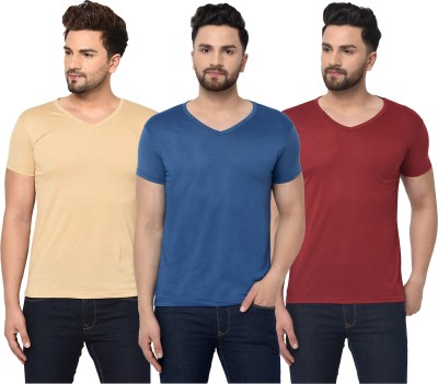 Bribzy Solid Men V Neck Maroon, Blue, Beige T-Shirt