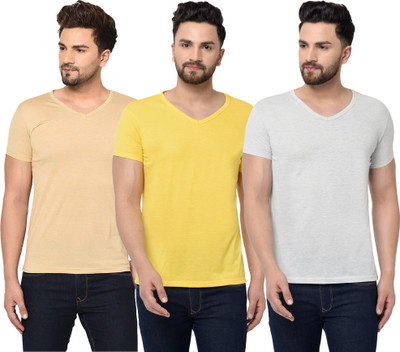 Jaskart Solid Men V Neck Grey, Beige, Yellow T-Shirt