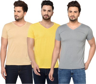 Jangoboy Solid Men V Neck Grey, Beige, Yellow T-Shirt