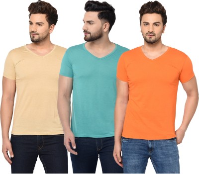Jangoboy Solid Men V Neck Green, Orange, Beige T-Shirt
