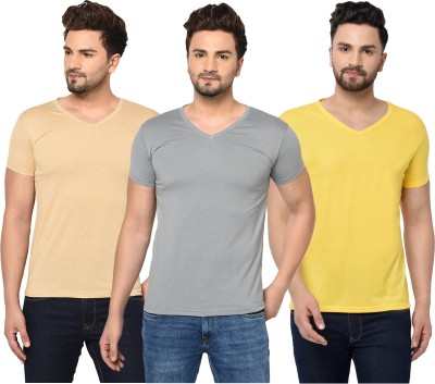 Tivy Solid Men V Neck Grey, Beige, Yellow T-Shirt