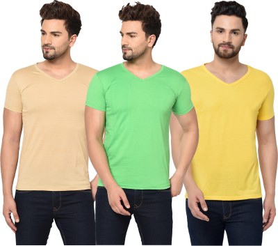Bribzy Solid Men V Neck Green, Beige, Yellow T-Shirt