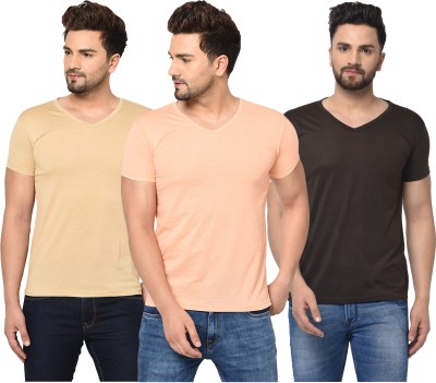 Tivy Solid Men V Neck Black, Pink, Beige T-Shirt