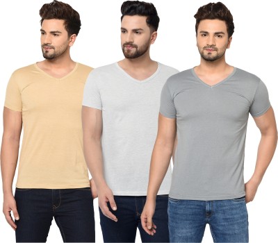 Jangoboy Solid Men V Neck Beige, Grey T-Shirt