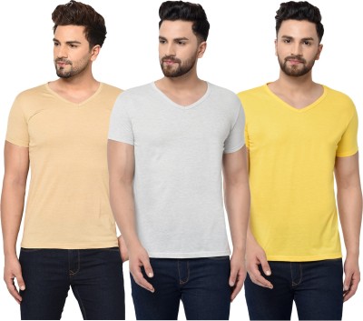 Tivy Solid Men V Neck White, Beige, Yellow T-Shirt