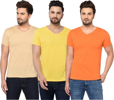 Jangoboy Solid Men V Neck Orange, Beige, Yellow T-Shirt