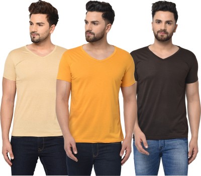 Jangoboy Solid Men V Neck Brown, Beige, Yellow T-Shirt