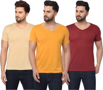 Jaskart Solid Men V Neck Maroon, Beige, Yellow T-Shirt