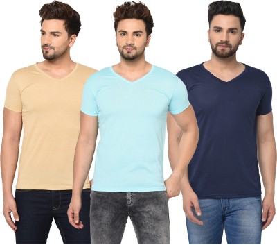 Jaskart Solid Men V Neck Dark Blue, Light Blue, Beige T-Shirt