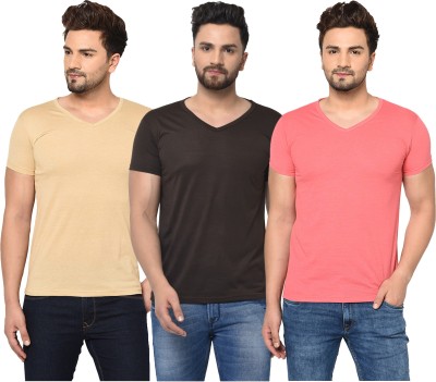 Jangoboy Solid Men V Neck Brown, Pink, Beige T-Shirt