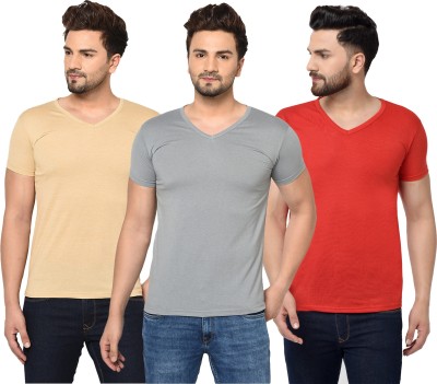 Jangoboy Solid Men V Neck Red, Beige, Grey T-Shirt