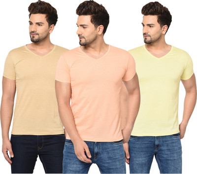 Jangoboy Solid Men V Neck Orange, Beige, Yellow T-Shirt
