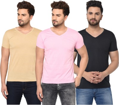 Tivy Solid Men V Neck Pink, Black, Beige T-Shirt