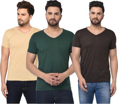 Unite Wear Solid Men V Neck Dark Green, Brown, Beige T-Shirt