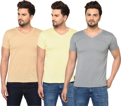 Jangoboy Solid Men V Neck Beige, Grey, Yellow T-Shirt